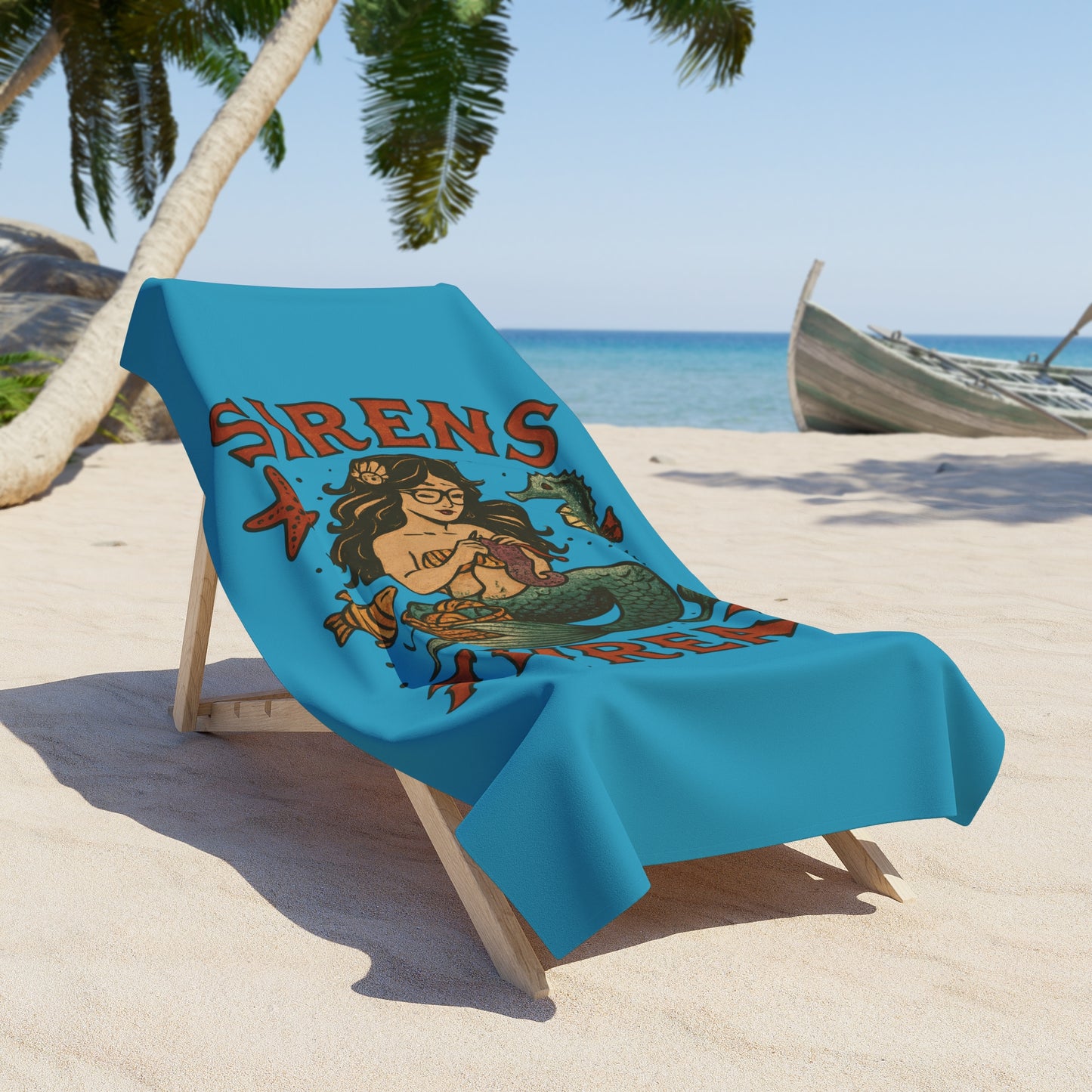 Mermaid Crocheting Plushies Beach Towel — American Traditional Tattoo Style