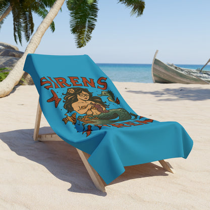 Mermaid Crocheting Plushies Beach Towel — American Traditional Tattoo Style