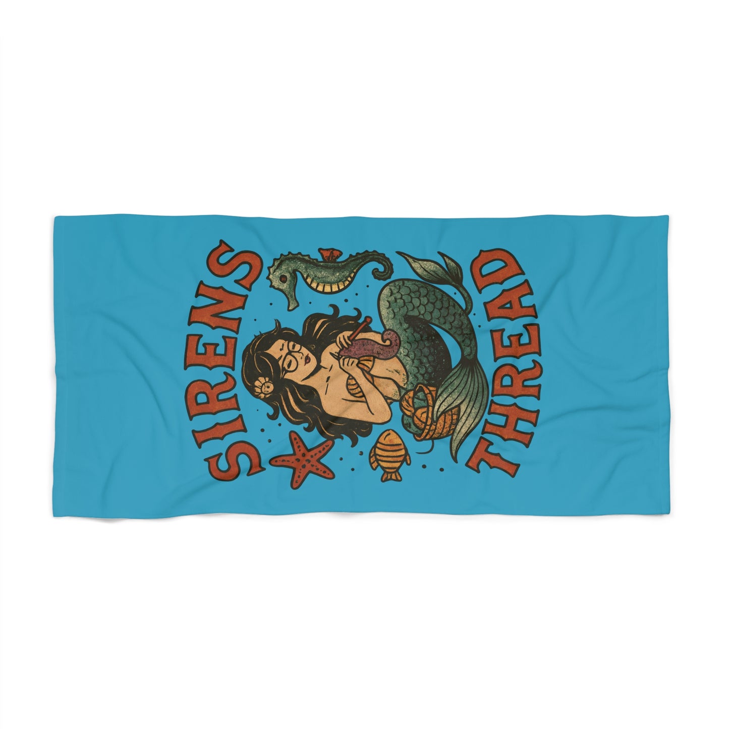 Mermaid Crocheting Plushies Beach Towel — American Traditional Tattoo Style