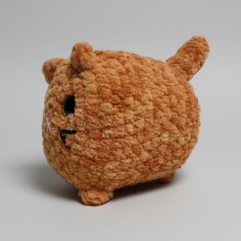 Brown plush toy with a textured surface on a light gray background