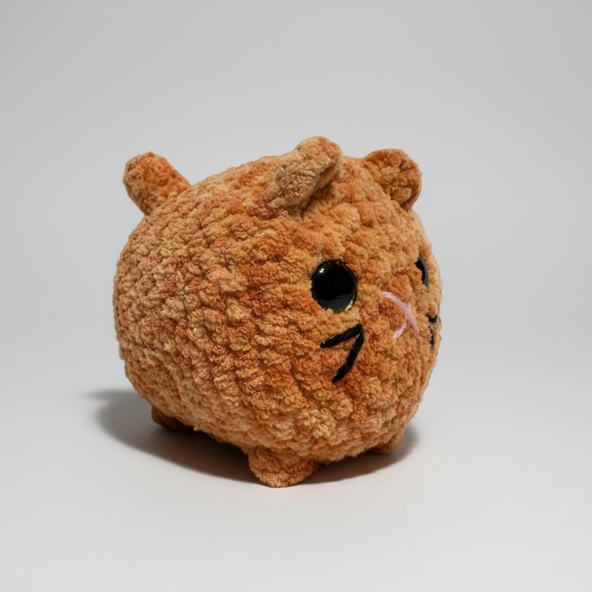Small brown plush toy with a face on a white background