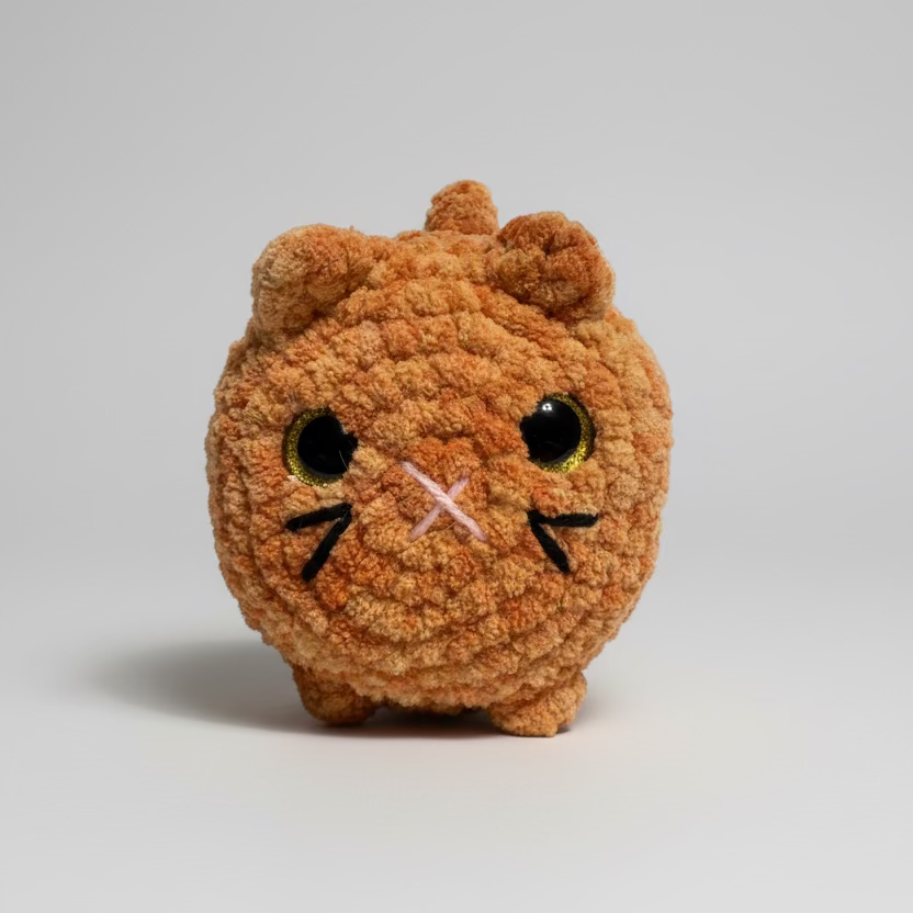 Small brown plush toy with a sad face on a white background