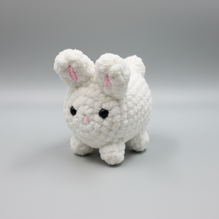 White crochet bunny toy with pink ears on a white background