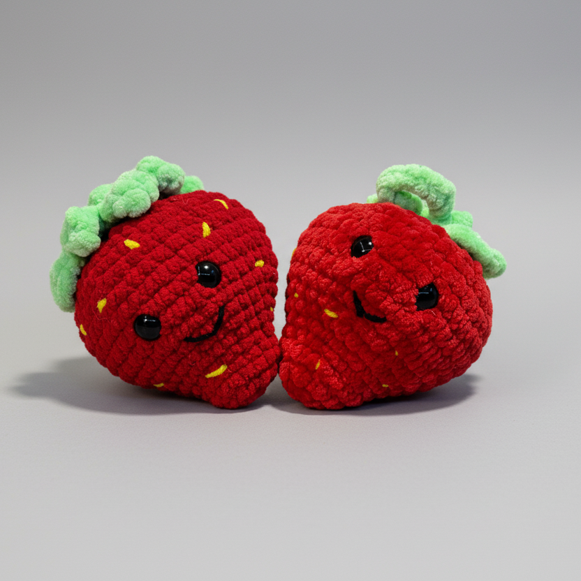 Two red crochet strawberry toys with green leaves on a white background